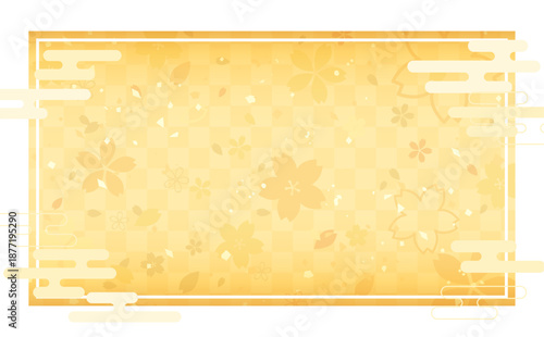 桜の金色背景と四角和風フレーム_背景なし_横