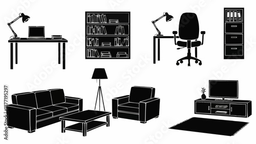 Collection of modern furniture and office equipment silhouettes.