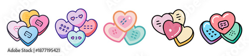 Colorful conversation heart candies with modern digital icons on white.