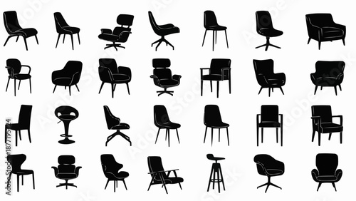 Collection of modern designer chairs in silhouette.
