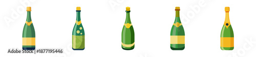 A collection of five green champagne bottles with gold labels isolated