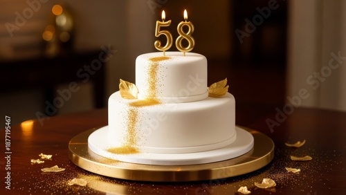 Elegant Anniversary Birthday Cake with Gold Number 58 Candles and Luxury Glitter