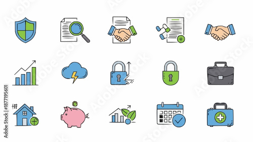 Collection of modern flat icons representing business and finance concepts.