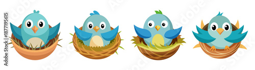 Collection of adorable blue cartoon birds nesting together