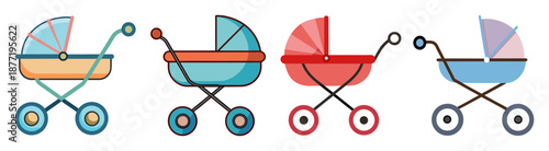 Four colorful baby carriages with canopies on a white background