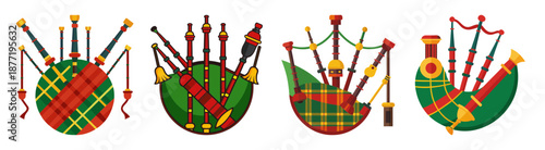 Four Colorful Bagpipe Instruments with Plaid Bags Isolated on White
