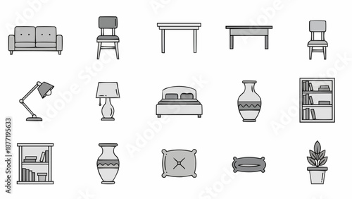 Collection of modern furniture and home decor icons.