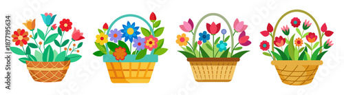Four colorful cartoon flower baskets with vibrant blossoms and green