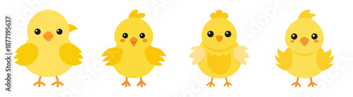 Four cheerful yellow cartoon chicks standing on a plain white background