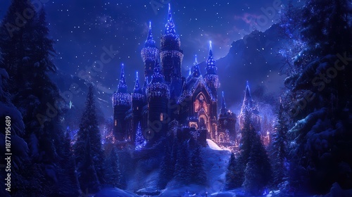 A magical, illuminated castle set in a snowy landscape, surrounded by dark trees and a starry night sky, creating a whimsical, enchanting atmosphere.