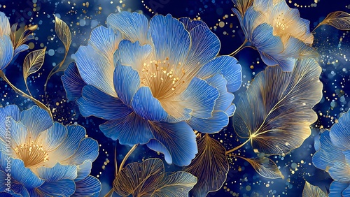 Elegant Blue and Gold Flowers with Sparkling Background in Stunning Detail