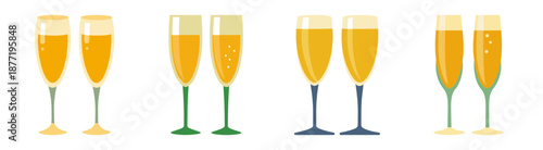 Cheerful illustration of twelve champagne glasses with yellow liquid