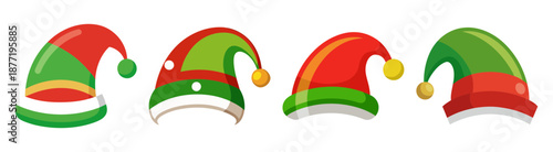 Four vibrant cartoon Christmas elf hats in red and green colors
