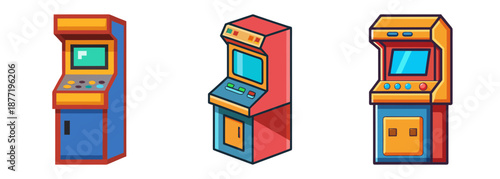Three colorful retro arcade game machines with flat design on a white