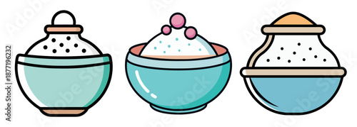 Set of three cartoon bowls filled with powdered desserts and ingredients