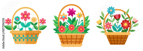 Three colorful flower baskets with various blooms and leaves on a white