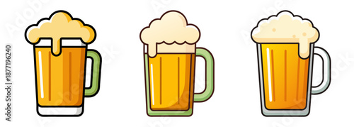 Three cartoon beer mugs filled with golden ale and frothy foam heads