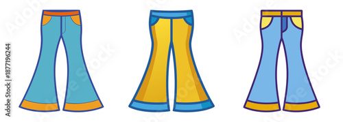 Three Pairs of Colorful Flared Pants in Retro Style Illustration
