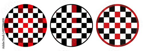 Abstract graphic collection of red, black, and white checkerboard circles