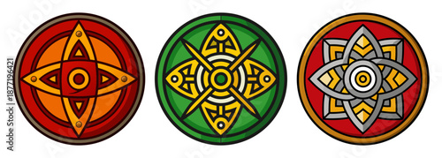 Three vibrant circular ornamental emblems with geometric patterns on white