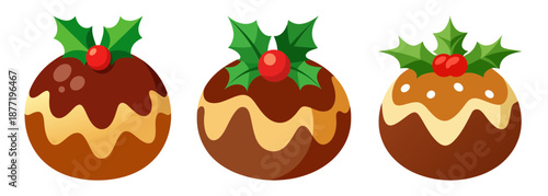 Three festive Christmas puddings with holly and berries isolated on white
