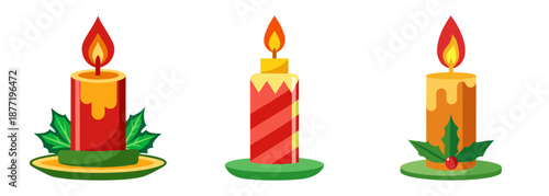 Three vibrant festive Christmas candles with holly and berries