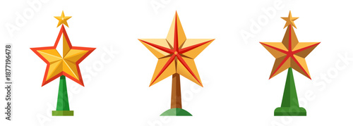 Stylized golden star decorations with red accents and colorful bases