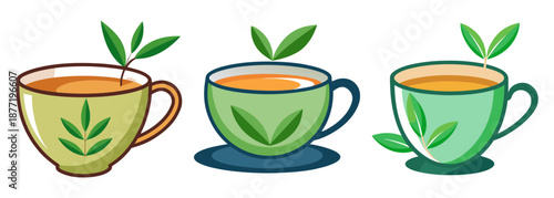 Cartoon style illustration of various green tea cups on white background