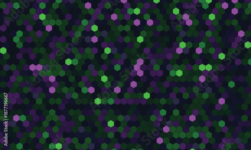 Abstract hexagon pattern with a vibrant bokeh effect featuring green and purple hues on a dark background ideal for technology and digital design