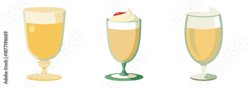 Vibrant cartoon-style glasses of yellow drinks with foam on white