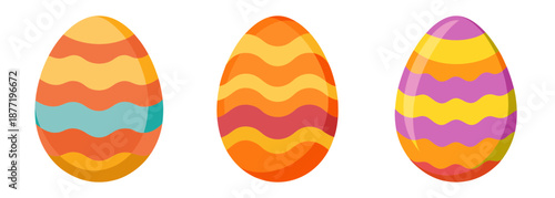 Three colorful Easter eggs featuring wavy striped patterns on white.