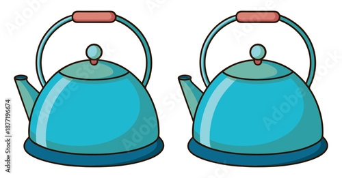 Two matching blue stovetop kettles with pink handles on white background