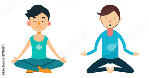 Two cartoon figures in peaceful meditation on white background
