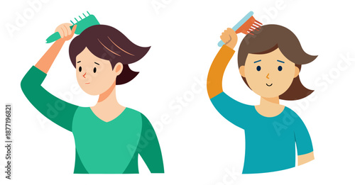 Two animated women brushing their short hair with combs on a clean white