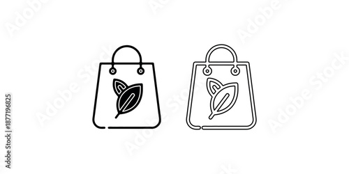 Eco friendly shopping bag icons with organic leaves representing sustainable retail packaging solutions and reusable paper grocery carrier bag concepts set