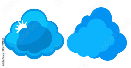 Two stylized blue clouds, one with a peeking sun, on white background
