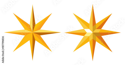 Two golden faceted eight-pointed stars on a white background