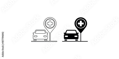Hospital location map pin icon with car silhouette marking medical clinic drive through testing site or emergency healthcare facility arrival point vector