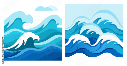 Abstract blue ocean wave patterns with white foam