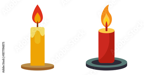 Two Colorful Stylized Candles Burning Brightly on White Background