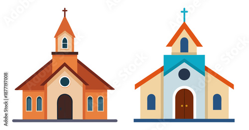 Two colorful cartoon churches with crosses on steeples