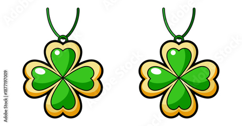 Pair of green four-leaf clover good luck charms with gold trim