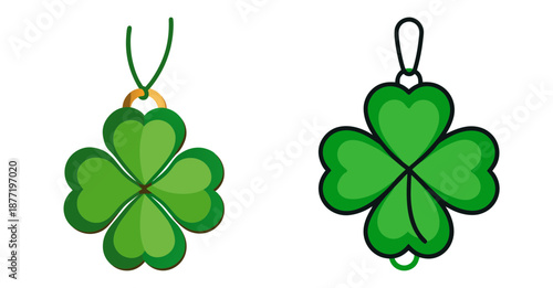 Pair of green four-leaf clover lucky charms on white background