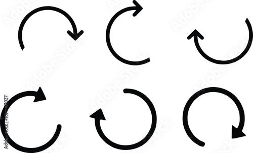 Set of six circular arrow icons, clockwise and counterclockwise rotation symbols for refresh, reload, sync, and UI design elements