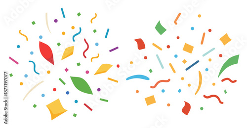 Vibrant festive confetti explosion with scattered shapes on a clean white