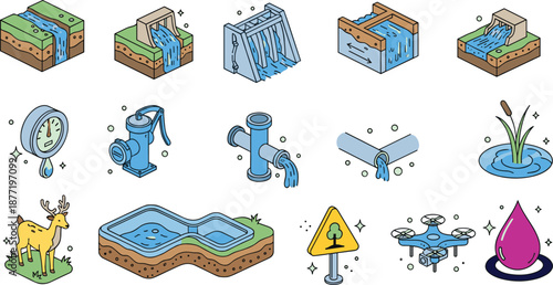 Water management and hydrology illustration set, dams, drainage systems, pipelines, wetlands, flood control, irrigation, environmental conservation icons