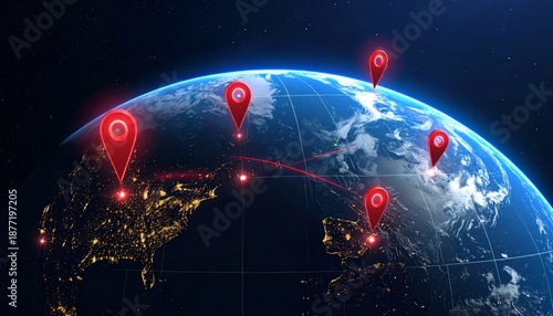 Global network connection with location markers on Earth.