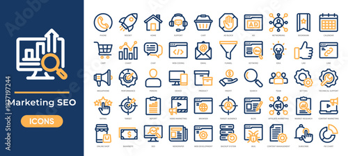 Marketing and SEO icons set collection. Perfect for digital marketing, web design, online business projects and more. Vector Illustration.