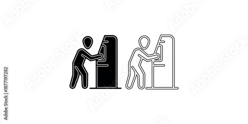 Atm machine user icon set showing person using cash dispenser for banking transactions money withdrawal and automated teller machine banking operations