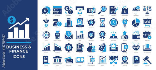 Business and finance icons set collection, featuring banking, investment, accounting, payments, growth, contracts, and corporate communication for web, app, and marketing use.